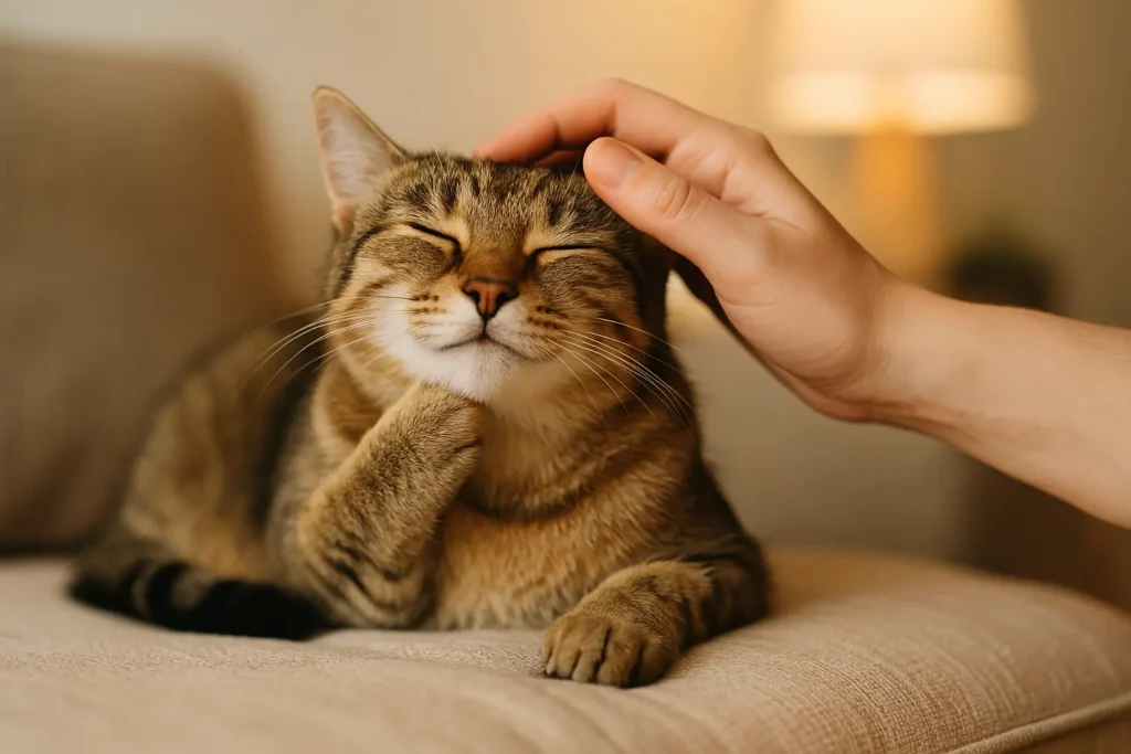 Un chat apaisé, détendu, caressé doucement par son propriétaire