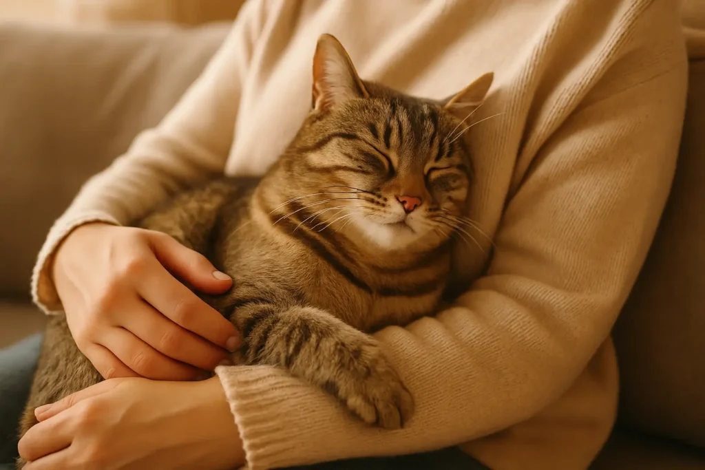 Chat détendu blotti contre son propriétaire sur un canapé.