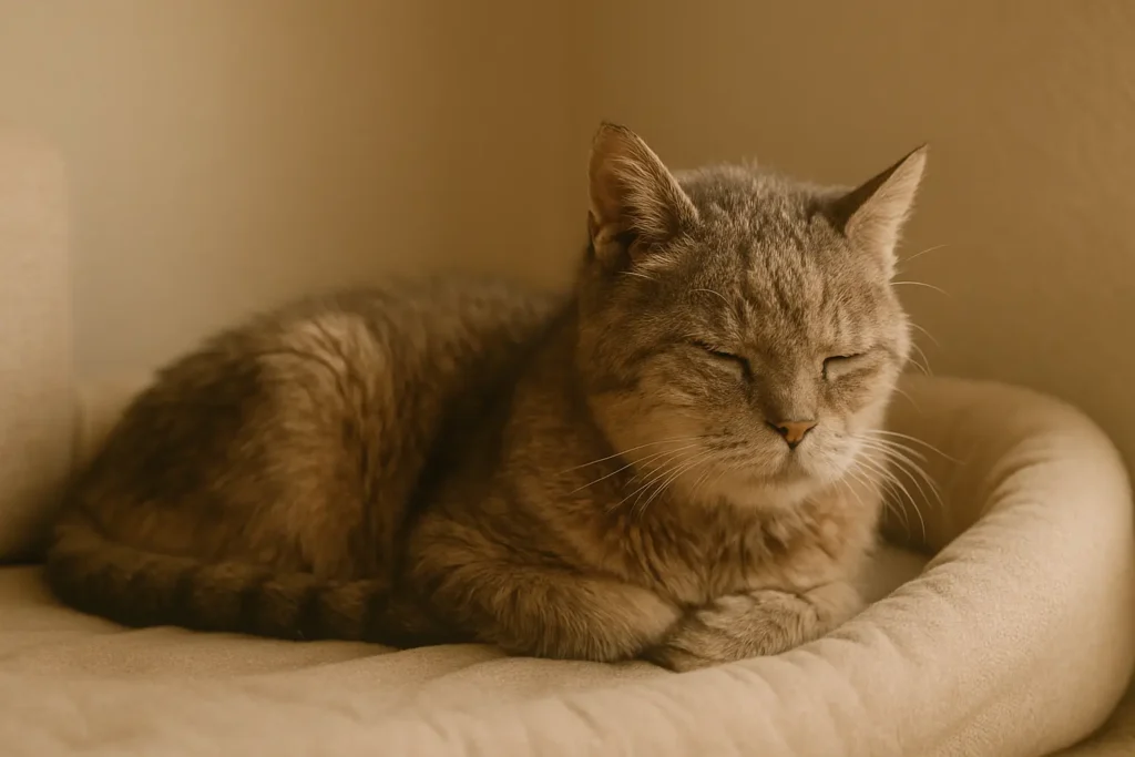 très vieux chat reposant calmement dans un coin cosy