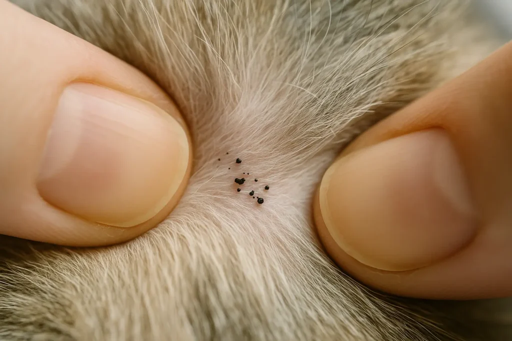 Très gros plan macro sur des doigts humains écartant doucement la fourrure d’un chat