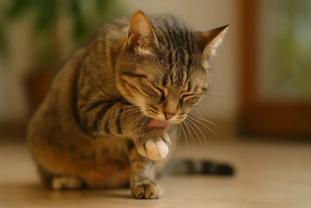 Un chat se léchant ou mordillant sa patte ou entre les doigts