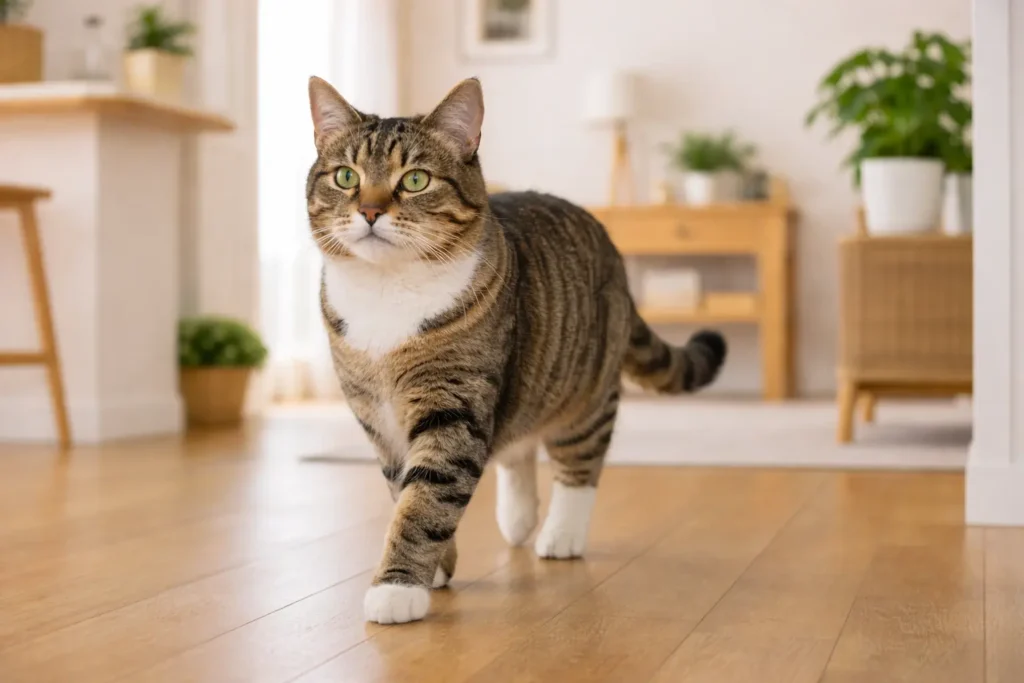 hat adulte marchant tranquillement dans un intérieur moderne