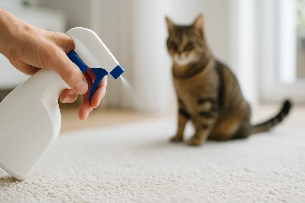 Main humaine vaporisant un spray antiparasitaire sur un tapis