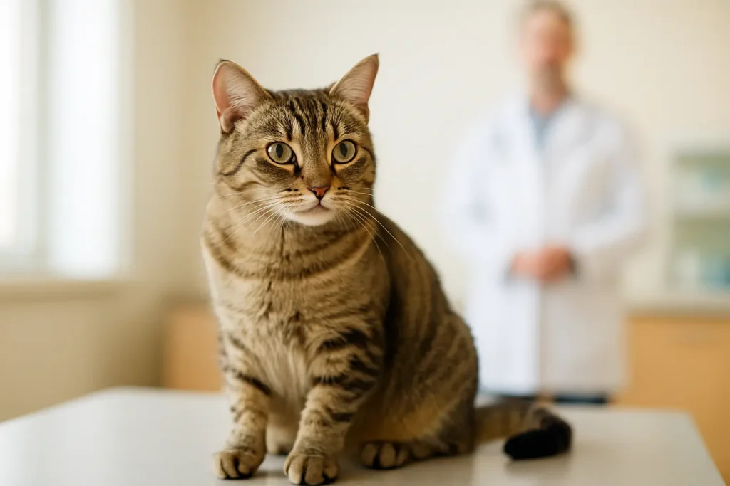 Un chat assis sur une table dans une pièce lumineuse ressemblant à un cabinet professionnel
