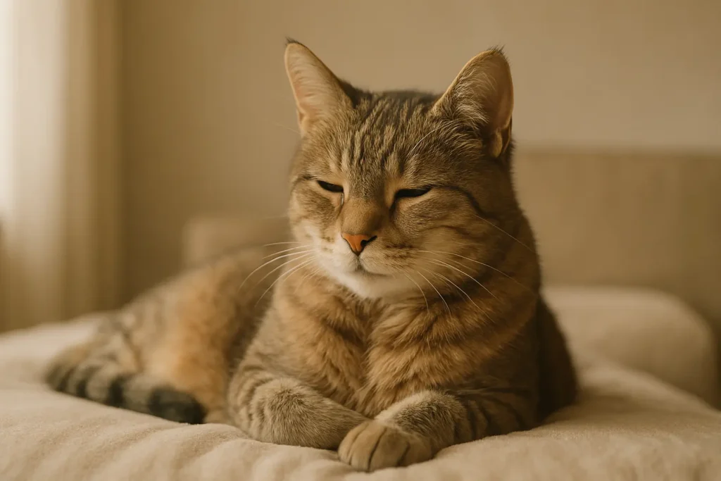 chat senior allongé confortablement sur un coussin ou un lit moelleux