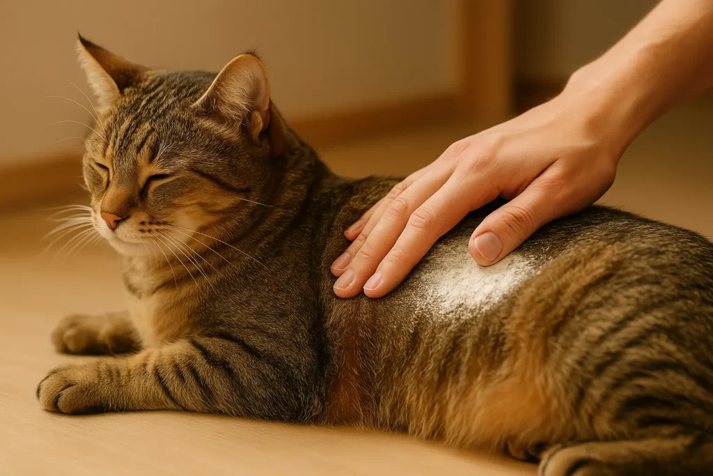 hat posé tranquillement pendant qu’un humain applique doucement une fine couche de terre de diatomée sur son dos.