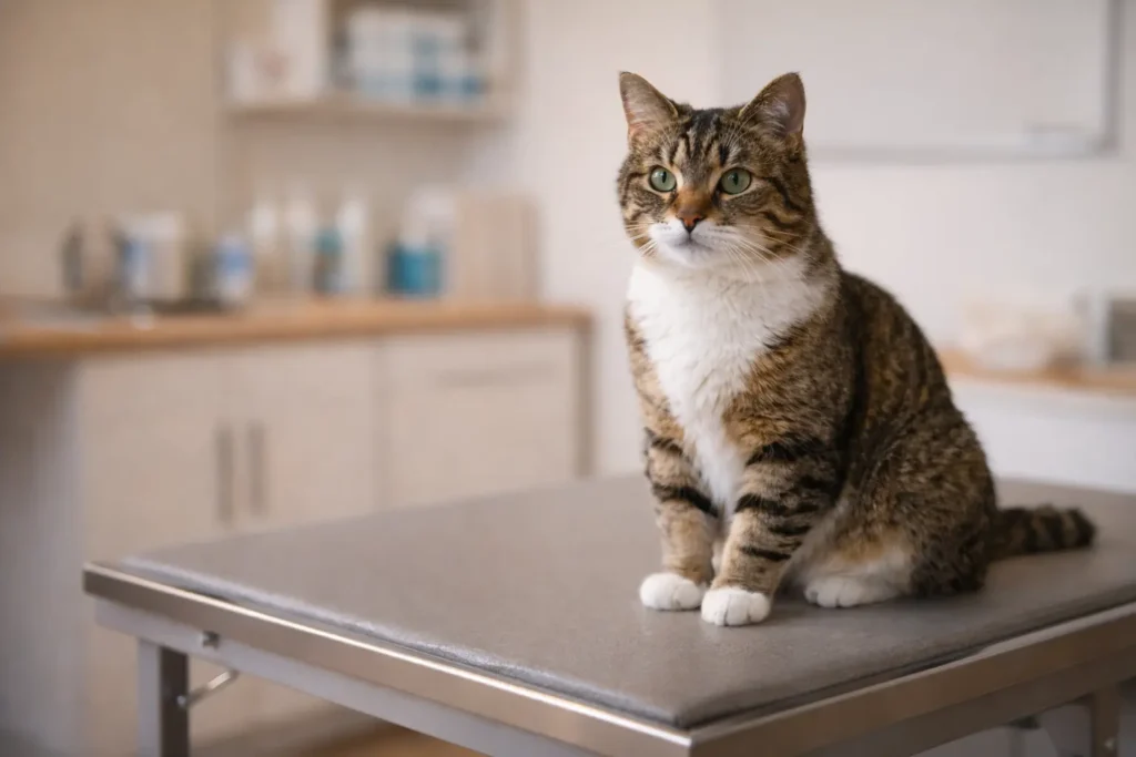 Chat senior posé sur une table d’examen avec un vétérinaire calme