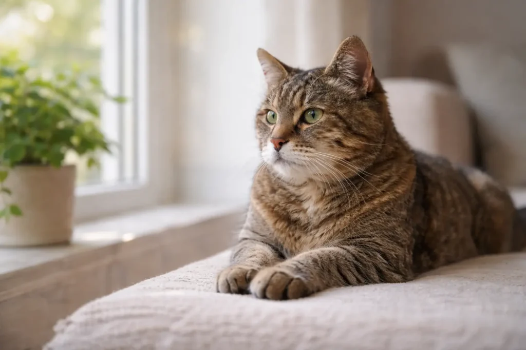 Chat senior allongé près d’une fenêtre, illustrant la réflexion autour du refus d’assurance lié à l’âge.