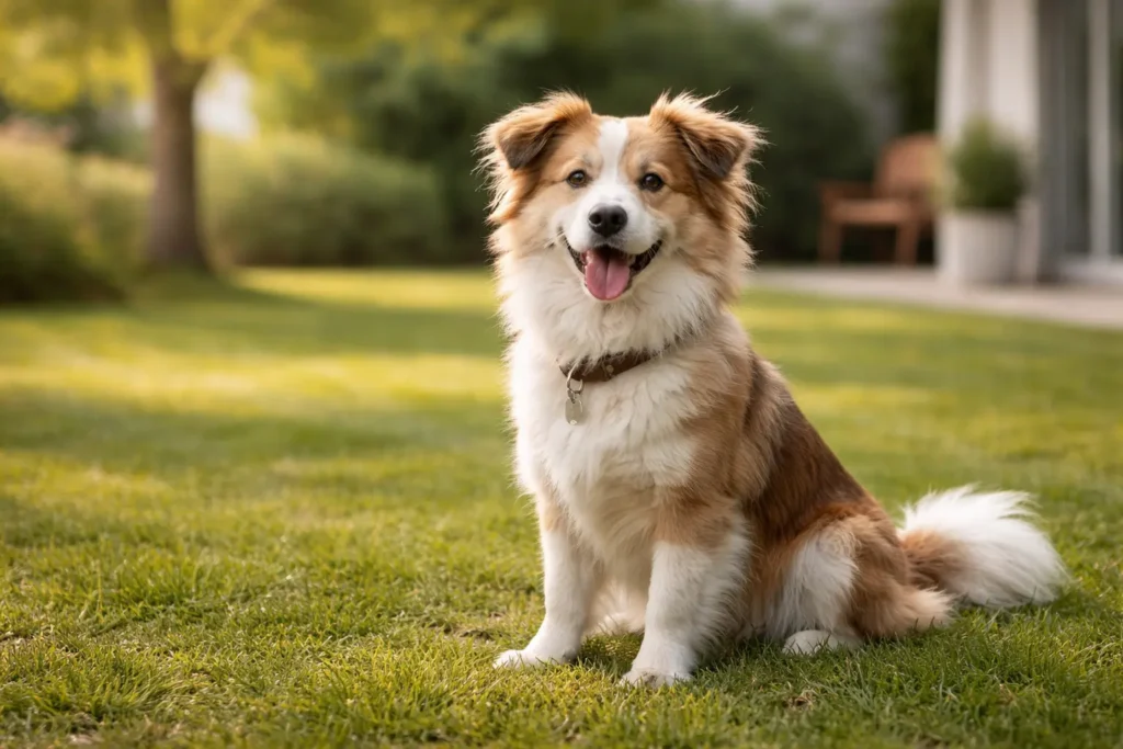 Chien assis sur une pelouse dans un environnement naturel calme, éclairé par une lumière douce.