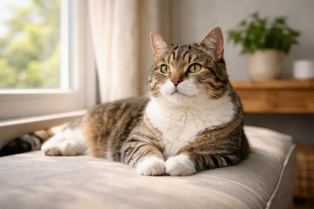 chat senior allongé confortablement près d’une fenêtre