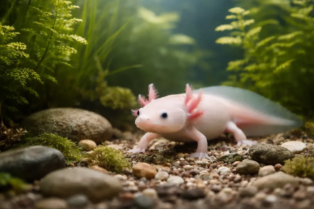 Axolotl leucistique dans un aquarium naturel avec plantes aquatiques et pierres.
