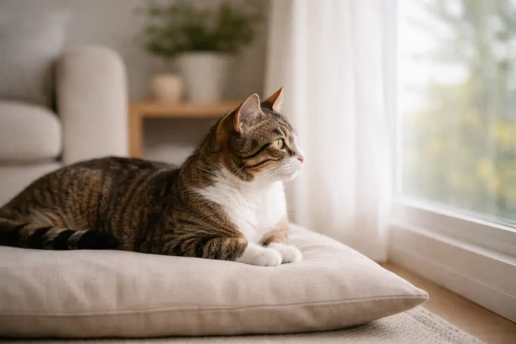 Chat calme observant par la fenêtre, illustrant la réflexion autour des antécédents médicaux et de l’assurance chat.