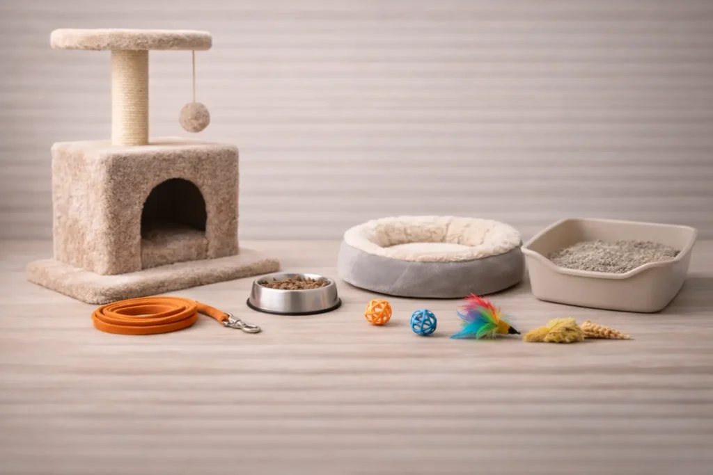 Accessoires pour chat alignés sur fond bois clair : arbre à chat, gamelle, panier, jouets et litière.