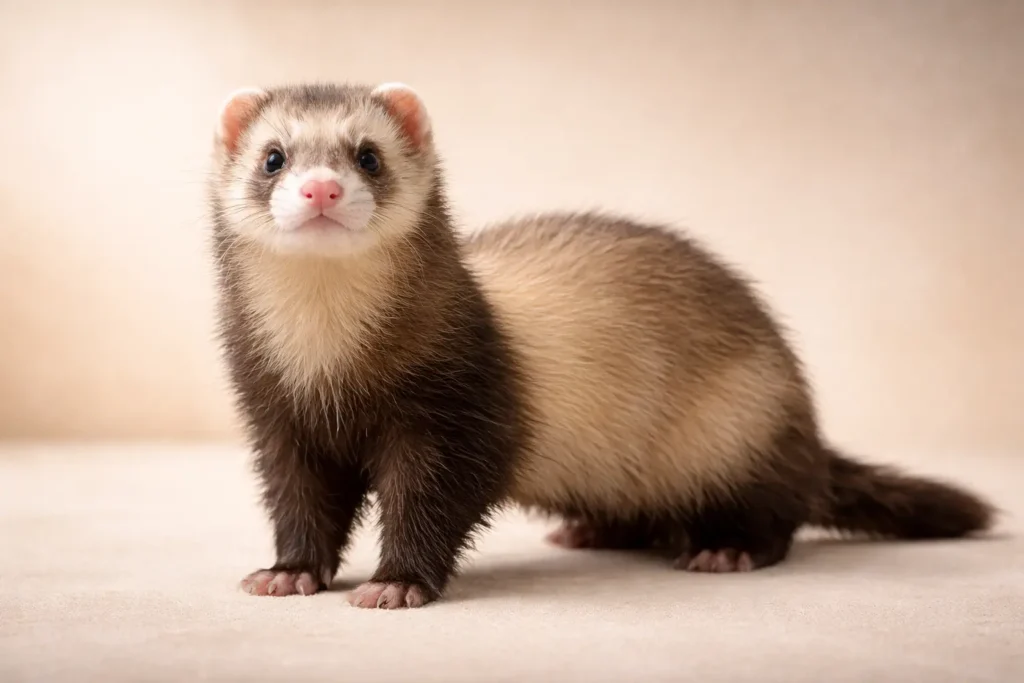 Furet domestique debout montrant sa morphologie et son corps souple.