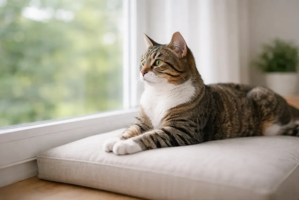 Chat calme observant par la fenêtre, illustrant la réflexion après l’analyse d’un dossier d’assurance chat.
