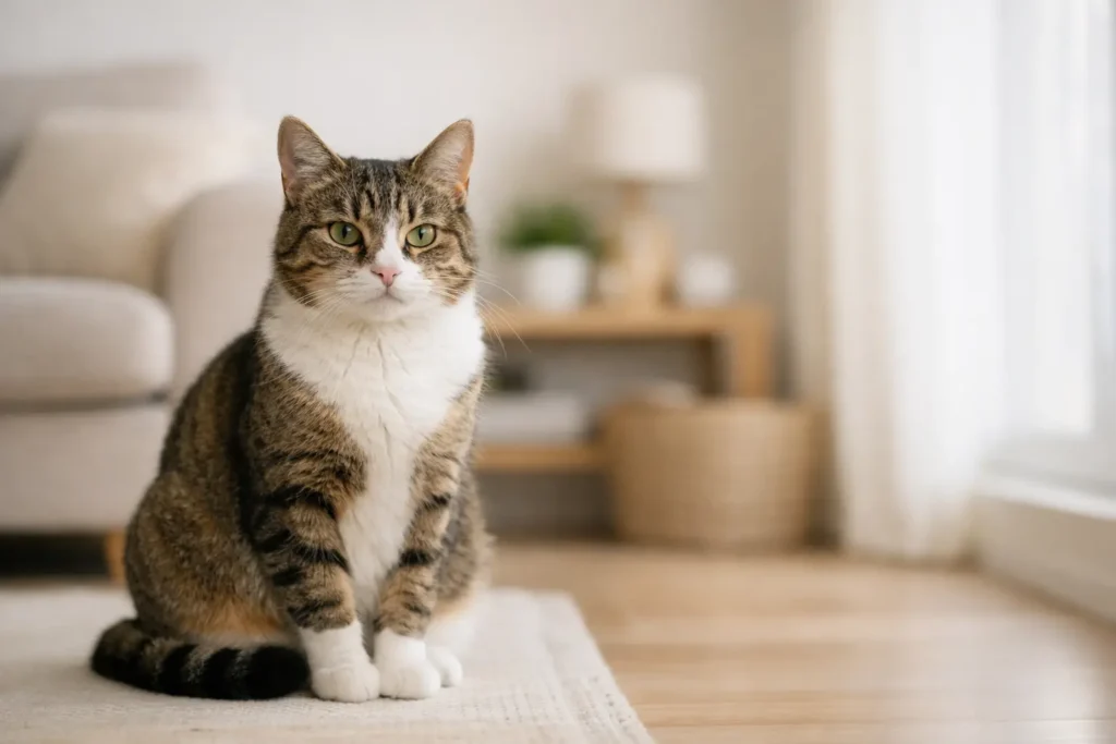 Chat adulte calme dans un intérieur lumineux illustrant qu’un antécédent médical n’entraîne pas toujours un refus d’assurance chat.