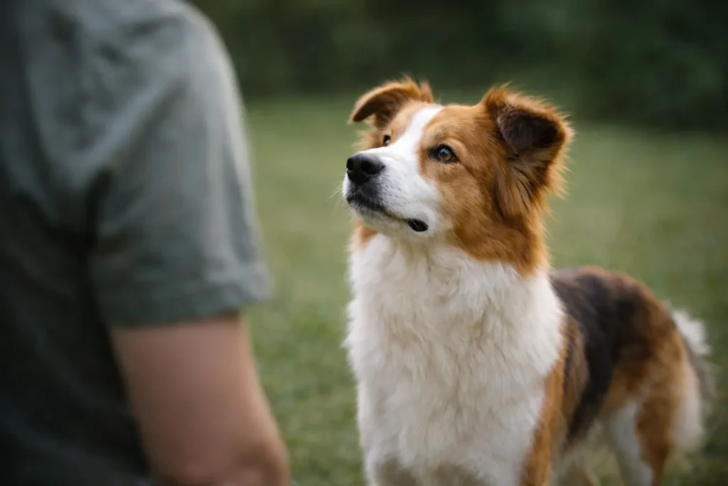 Chien attentif en interaction visuelle avec l’humain