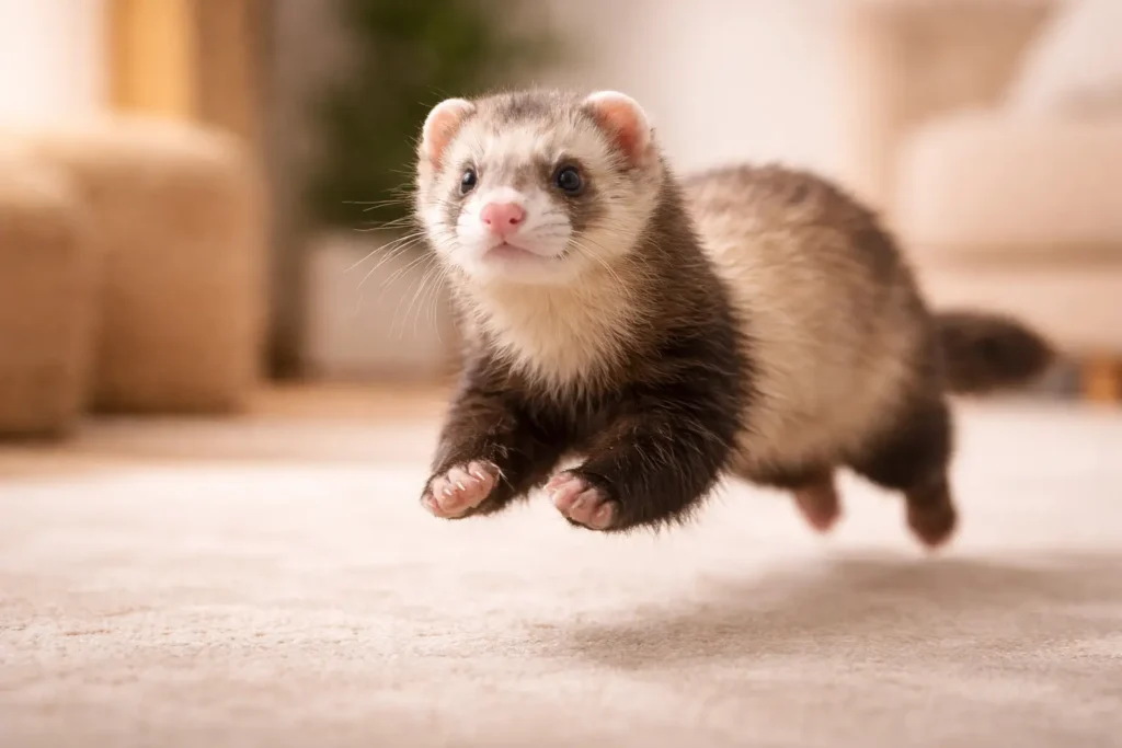Furet en pleine action sautant et courant dans un environnement intérieur.