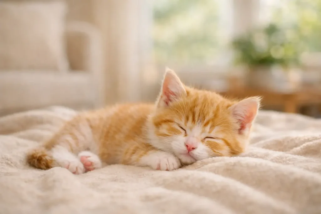 Chaton de 2 mois reposant paisiblement dans un intérieur lumineux