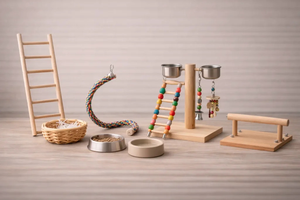 Accessoires pour calopsitte alignés sur fond bois clair : perchoirs, jouets, gamelles, échelle et aire de jeux.