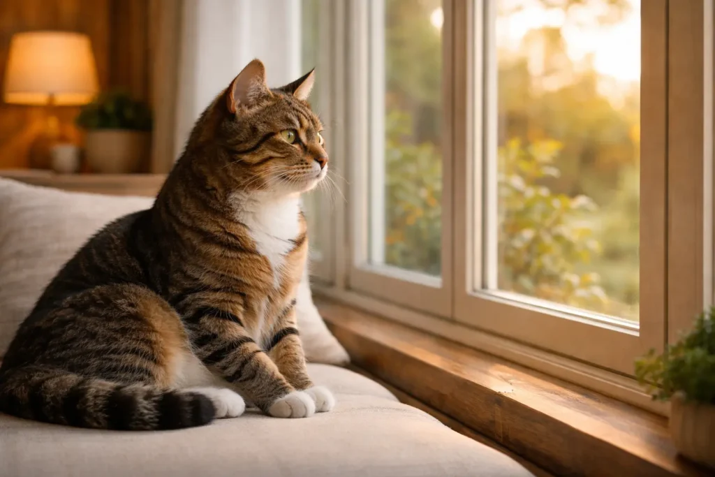 Chat adulte dans une posture calme et réfléchie avant une décision d’assurance.