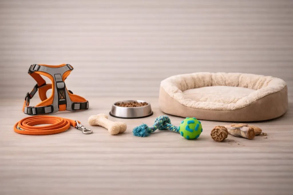 Accessoires pour chien alignés sur fond bois clair : harnais, laisse, jouets, gamelle et panier douillet.