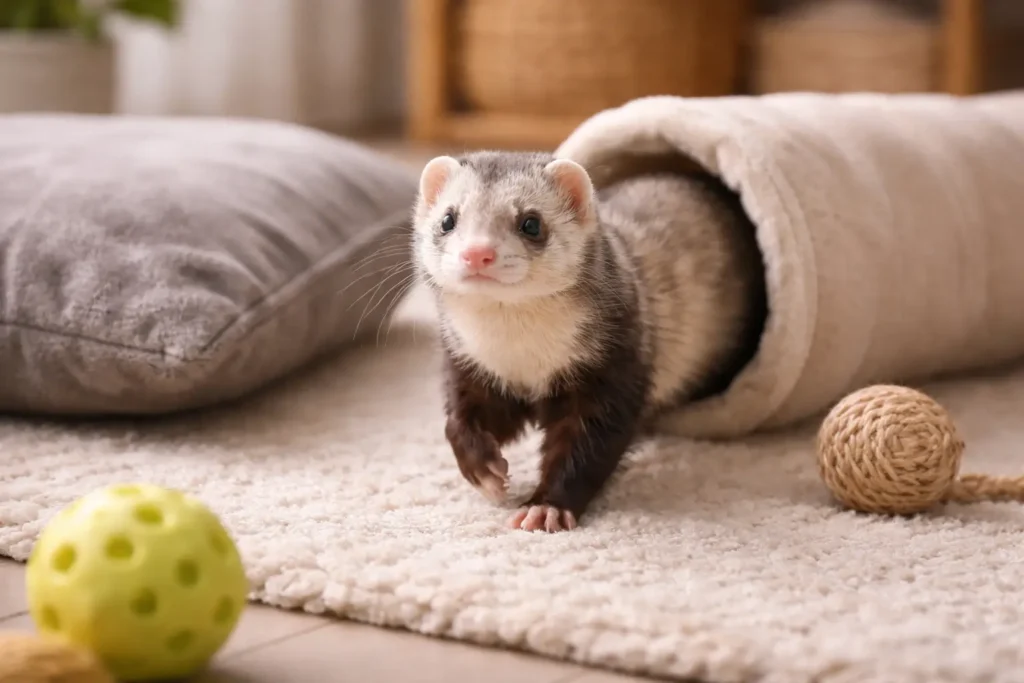 un furet dans un environnement domestique calme et sécurisé.