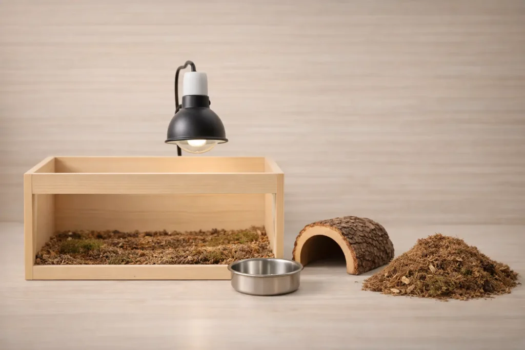 Kit d’accessoires pour tortue terrestre présenté sur fond neutre : terrarium en bois clair, lampe UV, gamelle en inox, cachette en écorce et substrat naturel.