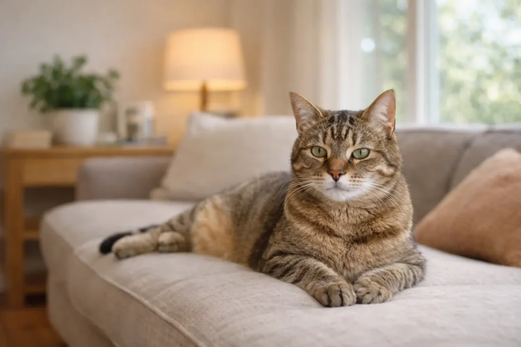 Chat senior calme et en bonne santé dans un environnement rassurant.