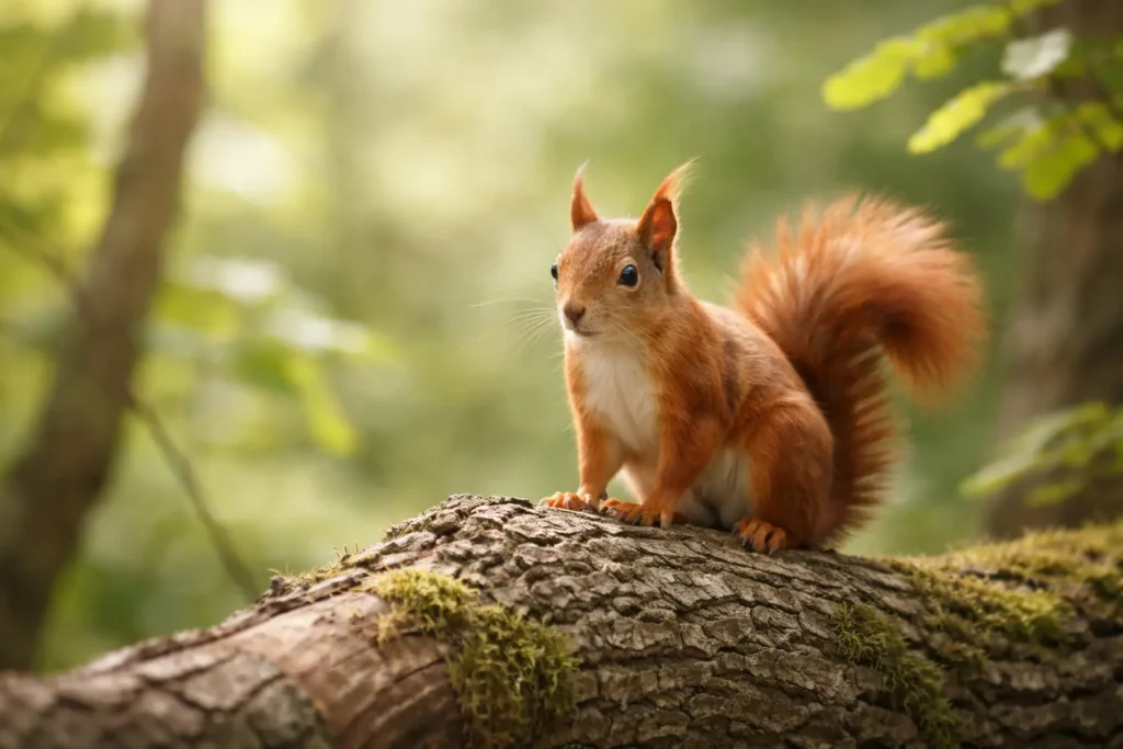 Écureuil roux posé sur un tronc d’arbre dans un décor naturel lumineux.