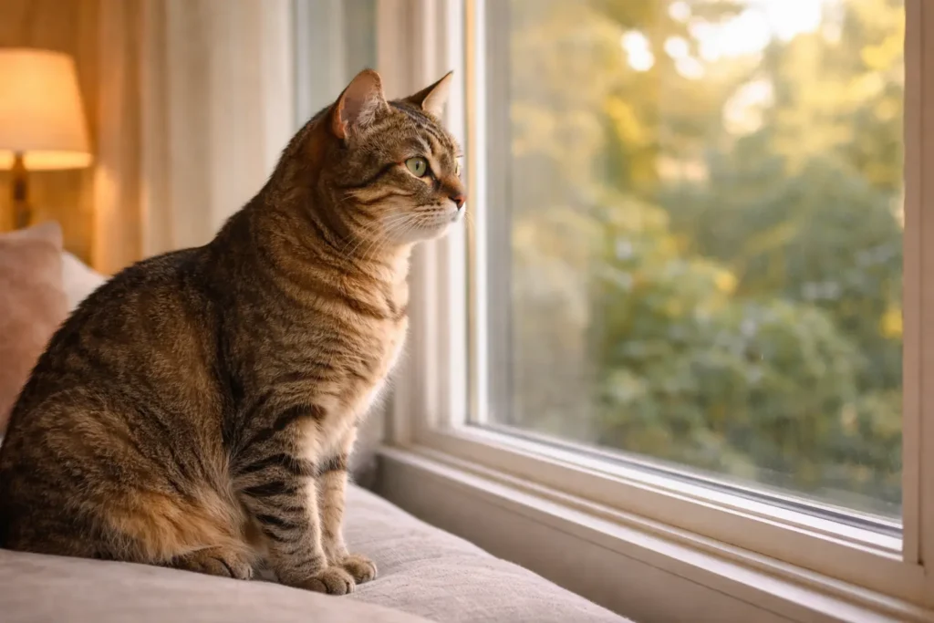 Chat senior dans une posture calme et réfléchie.