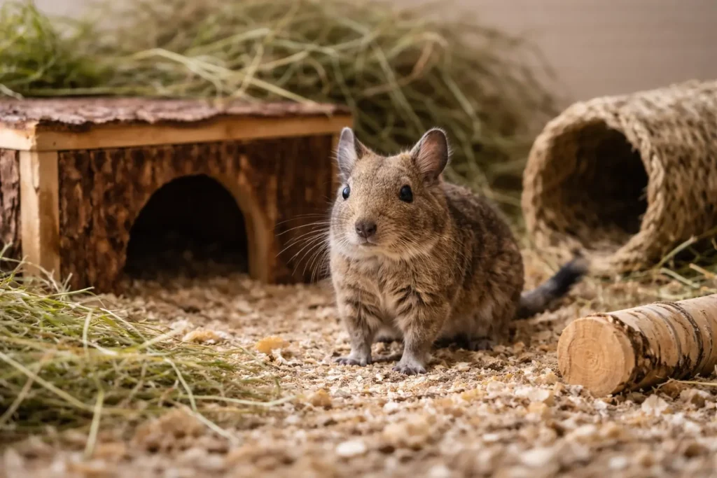 Octodon dans un habitat naturel avec litière végétale, foin, cabane en bois et éléments en bois.