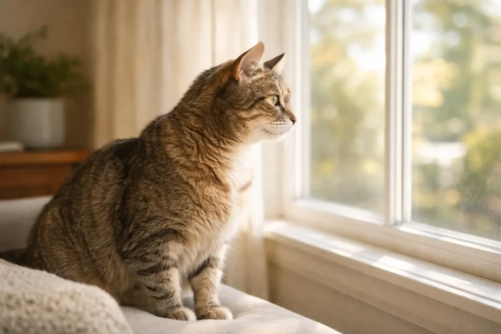 Chat observant calmement l’extérieur, illustrant une réflexion sur l’assurance santé animale.