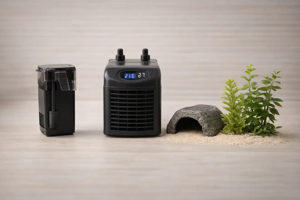 Accessoires pour axolotl alignés sur un fond en bois clair : filtre d’aquarium, refroidisseur d’eau, cachette en pierre et plantes aquatiques sur substrat fin.