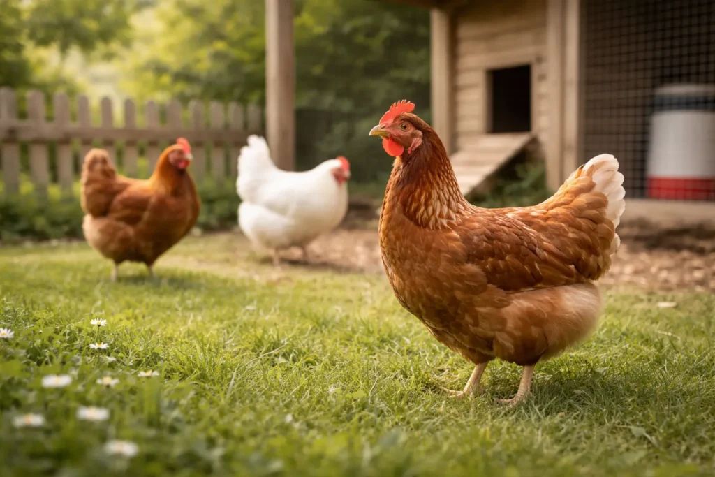 Poules dans un jardin calme près d’un poulailler propre, sous une lumière naturelle douce.