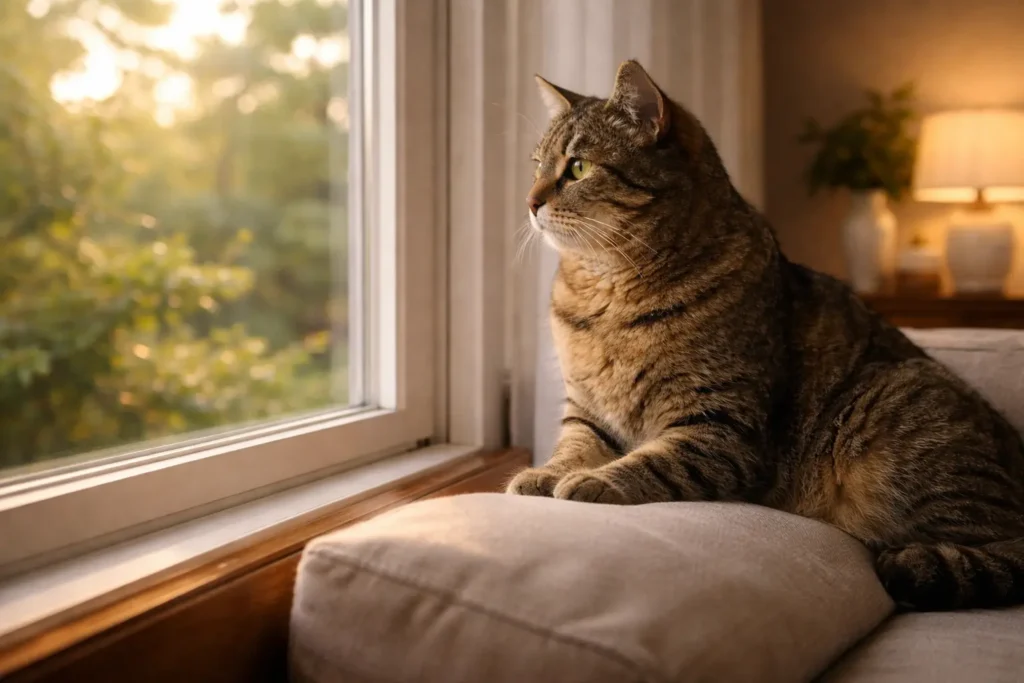 Chat adulte dans une posture calme et réfléchie avant une décision d’assurance.