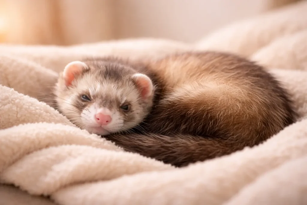 ⭐ IMAGE 3 — Mode de vie & rythme quotidien du furet
(furet en repos, douce atmosphère)
✅ DIMENSIONS
1200 × 800 (horizontal 16:9)
🖼️ PROMPT
A domestic ferret sleeping peacefully on soft cozy bedding, warm gentle lighting, serene relaxed atmosphere, high-detail fur, shallow depth of field, horizontal 16:9 framing, calm neutral background, no text, no watermark, professional lifestyle pet photography.
🔎 ALT TEXT SEO
Furet domestique en train de dormir paisiblement dans son couchage.