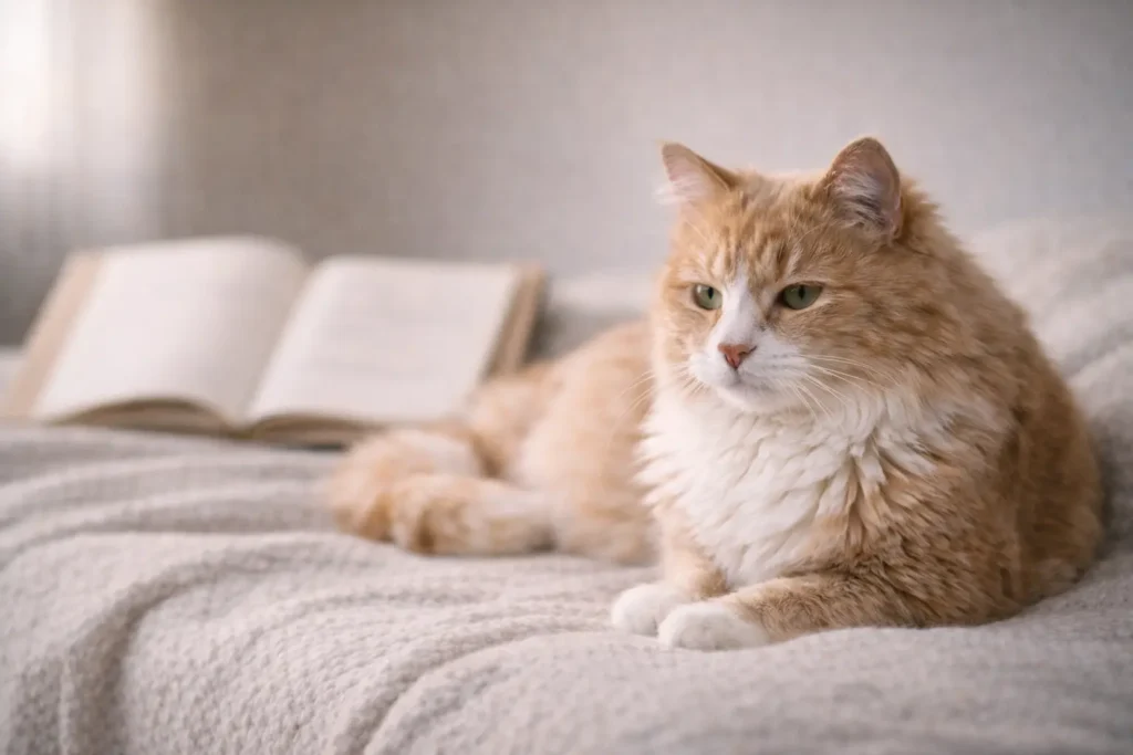 Chat senior reposant calmement avec un dossier flou en arrière-plan