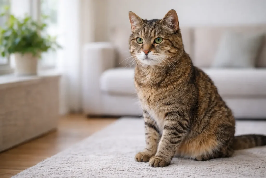 Chat senior assis dans un intérieur lumineux, illustrant l’impact de l’âge dans l’analyse du risque vétérinaire.