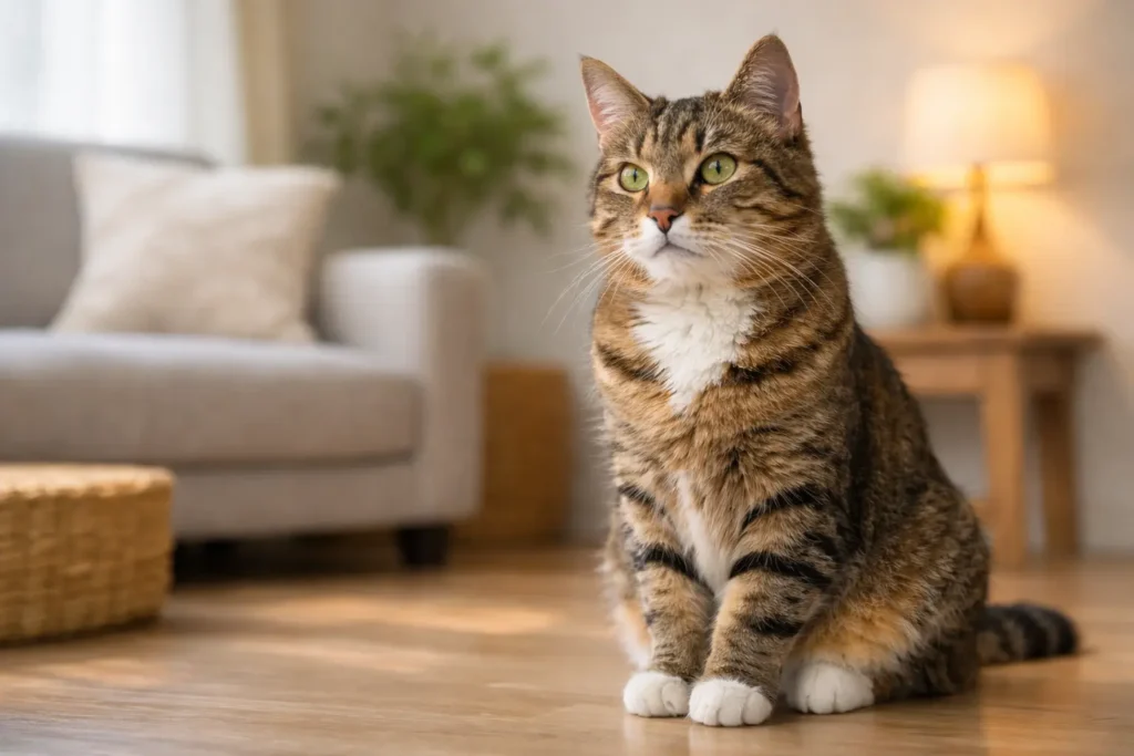 Chat adulte calme illustrant une situation d’assurance pouvant évoluer.