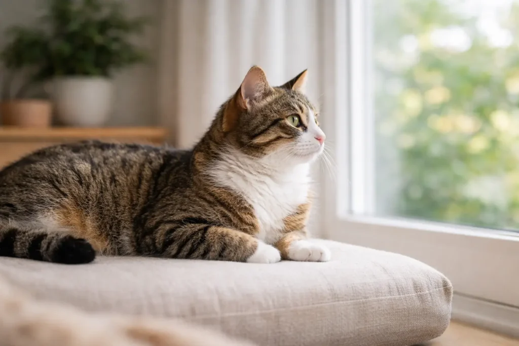 Chat calme observant par la fenêtre, illustrant la réflexion autour des maladies chroniques et de l’assurance chat.