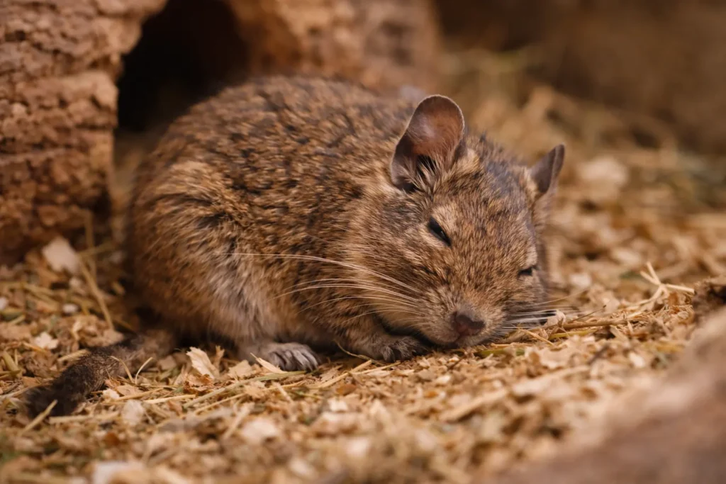 Octodon endormi sur une litière naturelle dans son habitat.