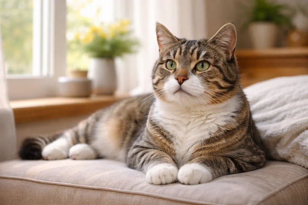 chat senior âgé (environ 10 à 12 ans) allongé confortablement près d’une fenêtre