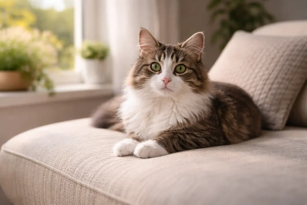 Chat allongé sur un canapé près d’une fenêtre, dans un intérieur calme et lumineux.
