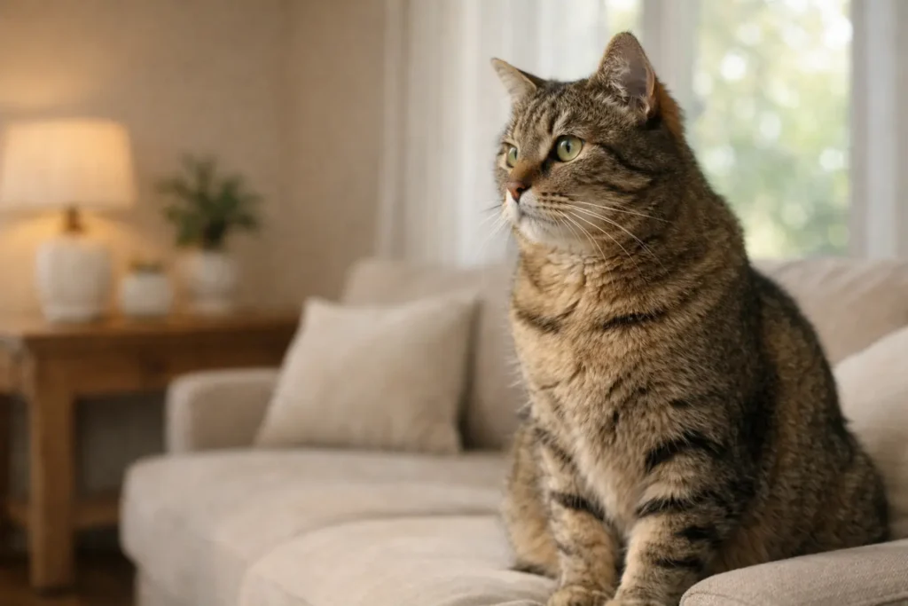 Chat adulte calme illustrant l’évaluation du risque pour un chat déjà malade.