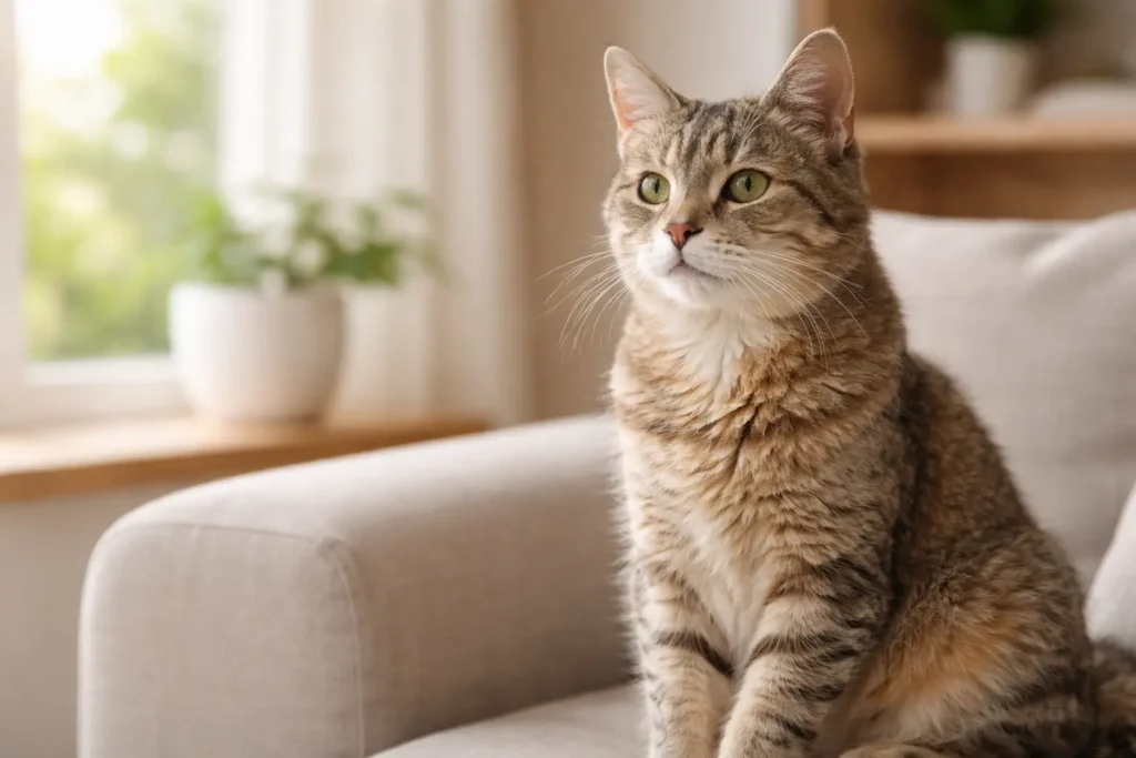 Chat senior assis dans un intérieur lumineux illustrant la question du certificat vétérinaire pour les chats âgés.