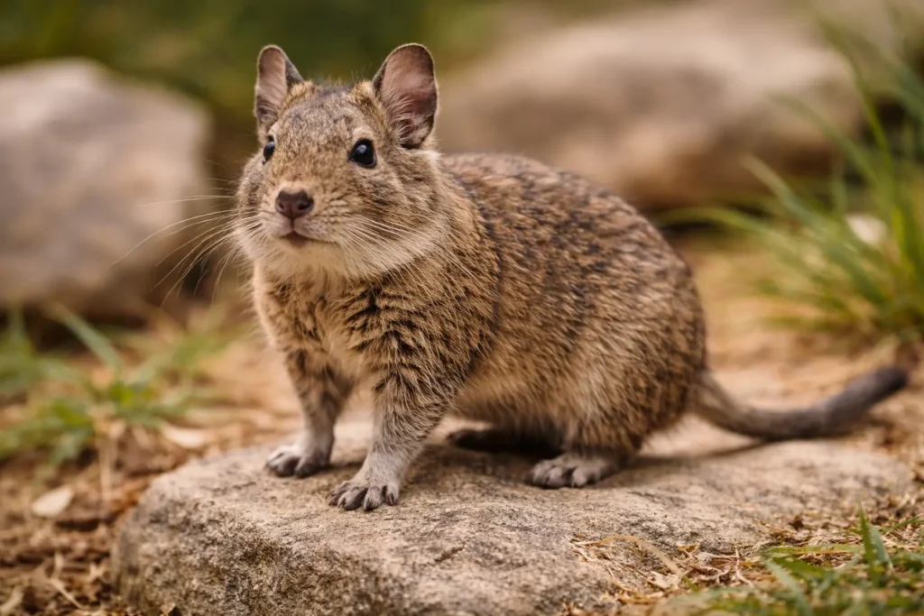 Octodon debout en extérieur sur un sol naturel.