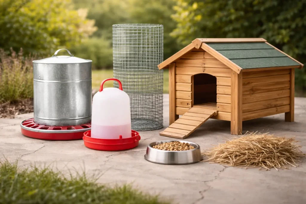 Accessoires pour poules alignés à l’extérieur : mangeoire, abreuvoir, grillage, cabane et foin.