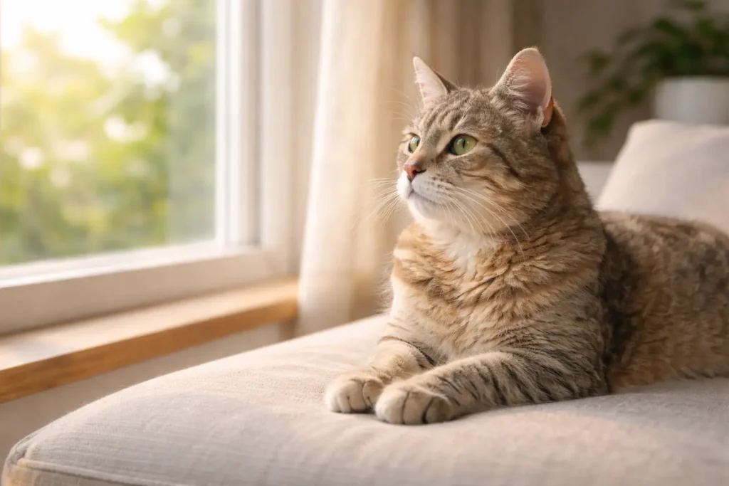 Chat senior allongé près d’une fenêtre, illustrant la réflexion autour de l’assurance chat sans certificat vétérinaire.