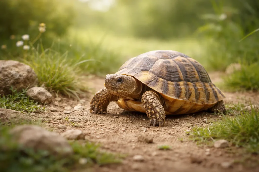 Tortue terrestre marchant dans un décor naturel avec herbes, pierres et lumière douce.
